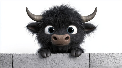 Adorable fluffy cartoon yak with big eyes and horns peeking over a stone wall on white background.
