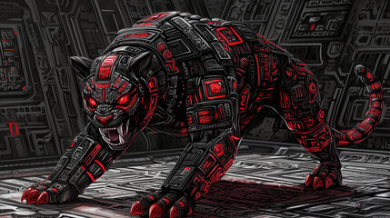 Futuristic cybernetic panther with glowing red circuits prowling in a dark sci fi tech environment.