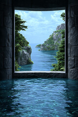 Scenic ocean view framed by stone walls with lush cliffs and calm turquoise water under blue sky.
