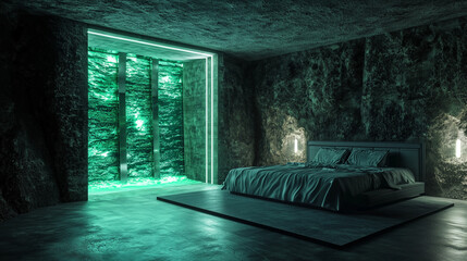 Futuristic underground bedroom with stone walls, glowing green window and modern minimalistic design.