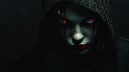 Dark hooded figure with glowing red eyes and eerie face in shadow, sinister and mysterious atmosphere.