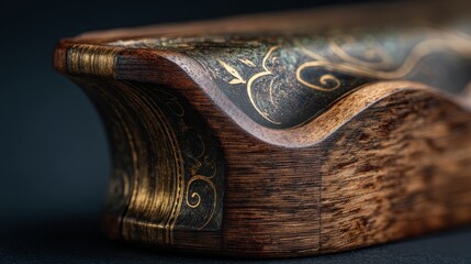 A decorative wooden program holder with engraved brass inlays and a curved top edge, designed for formal opera nights.