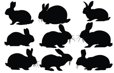 Nine black rabbit silhouettes arranged on a white background in a pattern formation for graphic design