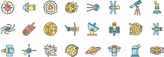 Colorful icons representing various aspects of space exploration, including satellites, telescopes, planets, and celestial bodies © anatolir