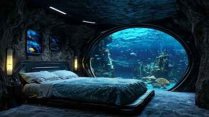 Luxurious futuristic bedroom inside underwater hotel with stunning panoramic ocean reef and fish view.
