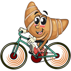 funny croissant mascot character enjoy riding a bike in sneakers, cute bakery bread cartoon vector isolated illustration, work of hand drawn