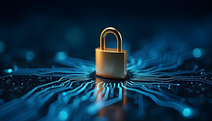 Golden padlock on glowing blue circuit board security