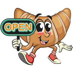 funny croissant mascot character showing a sign that says open in sneakers, cute bakery bread cartoon vector isolated illustration, work of hand drawn