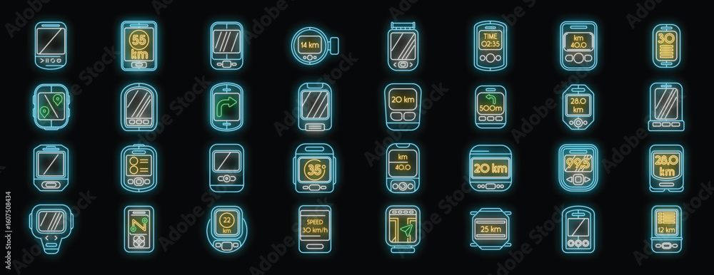 Poster neon gps devices displaying various metrics like speed, distance, time, and location information, il