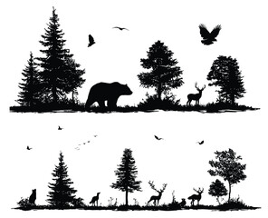 Silhouettes of forest animals and trees including bears deer birds and wolves in black and white