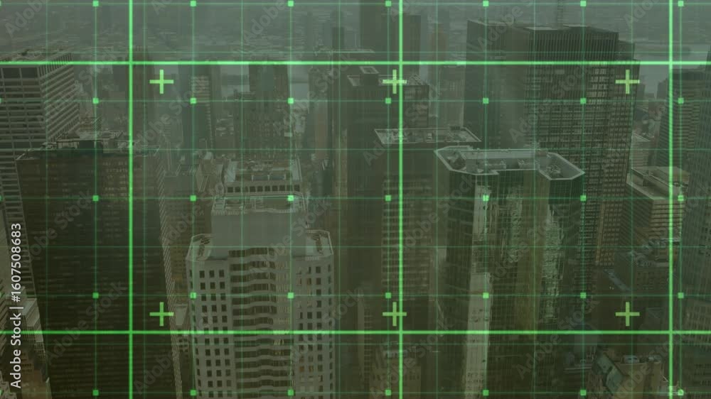 Poster digital grid overlay fading in sliding lines and flickering markers scanning skyline for monitoring
