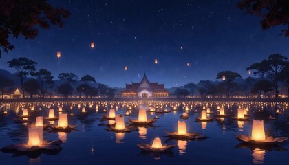 Nighttime temple scene under starry sky. Illuminated facade casting warm glow. Garden trees, scattered lanterns with light trails create motion. Dominated by blue shades, green, brown hues add depth,