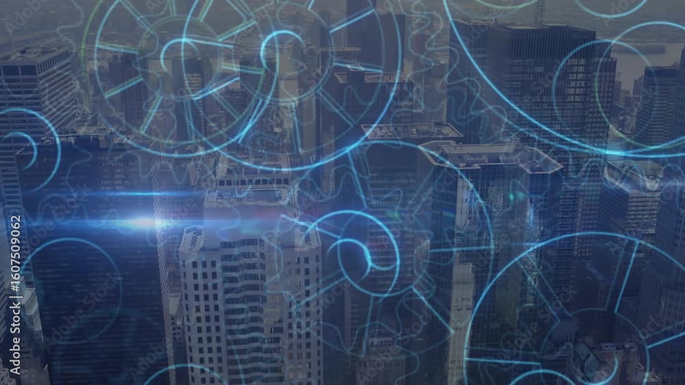 Poster soft lens flare appearing, starting translucent gears rotating over skyline, visualizing network