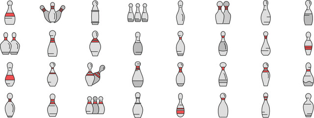 Bowling pins set with different bowling pins icons showing standing and fallen skittles, vector illustration
