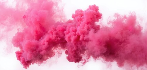 Fototapeta premium Vibrant pink smoke explosion on white background. Dynamic display of colors in misty, fluid motion. Smoke swirls and waves in a burst of pink, red hues, artistic effect.