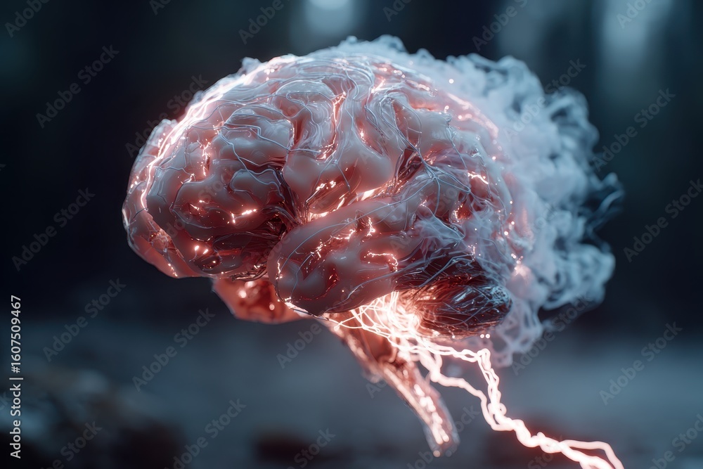 Poster futuristic digital brain glowing with energy in a dark, high-tech environment emphasizing artificial