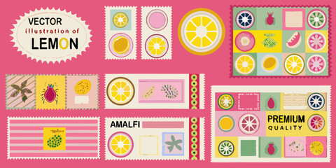Lemon Illustration Set with Postage Stamp Aesthetic for Summer and Citrus Themes