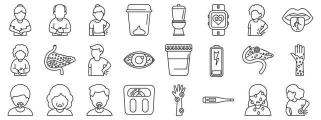 Pancreatic symptoms icons set. Set of line icons depicting various health and wellness concepts