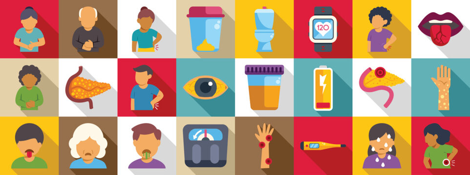 Pancreatic symptoms icons set. Colorful icons depicting various health symptoms and medical conditions