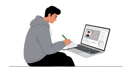 A young man sits and takes notes while looking at a laptop screen.
