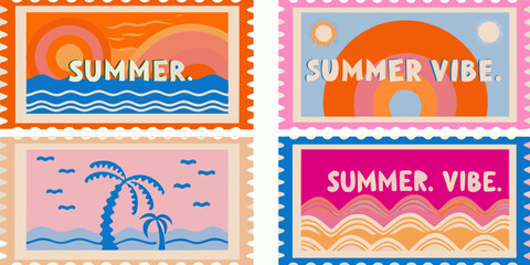 Summer Vacation Postcard Stamps with Tropical Beach and Retro Vibes