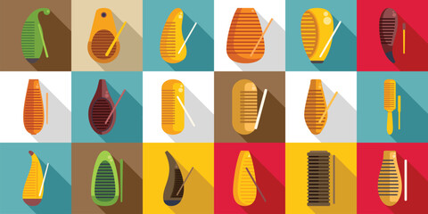 Guiro icons set. Colorful set of guiro icons in flat design with long shadow, representing various styles of this traditional latin american percussion instrument