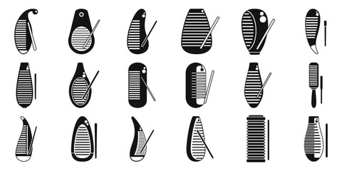Guiro icons set. Set of black and white guiro illustrations with different shapes and designs