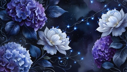 Ethereal Botanical Fantasy: A Blend of Dark Hues and Bright Lights in a Unique Floral Composition

