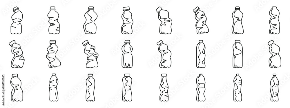 Poster crumpled bottle icons set. different shapes of squashed plastic bottles highlighting the importance 