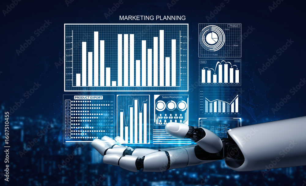 Poster a futuristic robot hand is displaying data and graphs on a digital interface, illustrating advanced 