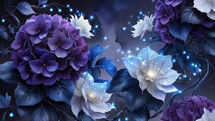 Surreal Floral Dream: Deep Blue and Violet Blossoms with Glowing Sparkles in a Dark Landscape

