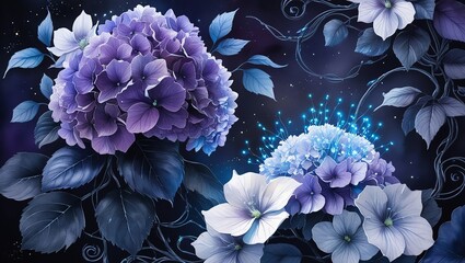Enchanting Midnight Garden: Luminous Blue and Purple Hydrangeas with Twinkling Accents

