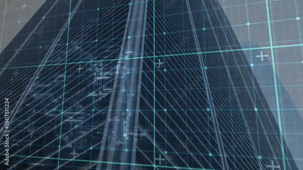 Poster turquoise grid scanning skyscraper façade triggered by dark skyline visualizing blueprint