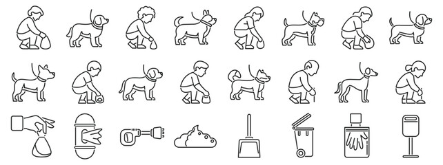 Clean up after dog icons set. Dog owners using scoop and bag to pick up poop and dispose of it in trash can or special dispenser