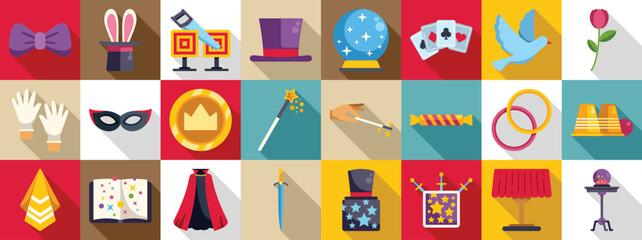 Illusionist equipment icons set. Colorful icons representing various magic tricks and illusionist tools, creating a captivating scene of mystery and wonder