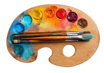 Wooden artist's palette with paint and brushes