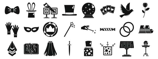 Illusionist equipment icons set. Illusionist performing magic with various props, creating a captivating and enchanting experience