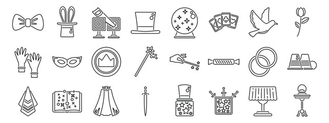 Illusionist equipment icons set. Line art icons depicting various elements of a magic show, including tricks, props, and symbols of illusion and entertainment