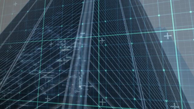 Turquoise grid scanning skyscraper fa&ccedil;ade triggered by dark skyline visualizing blueprint