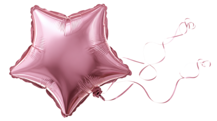 Star-shaped balloon in metallic pink, shiny texture and curled string, transparent background 
