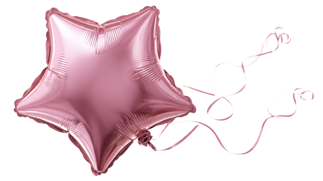 Star-shaped balloon in metallic pink, shiny texture and curled string, transparent background