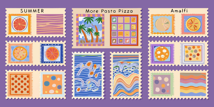 Collection of Summer Themed Decorative Stamps Featuring Fruit Palm Trees and Pizza