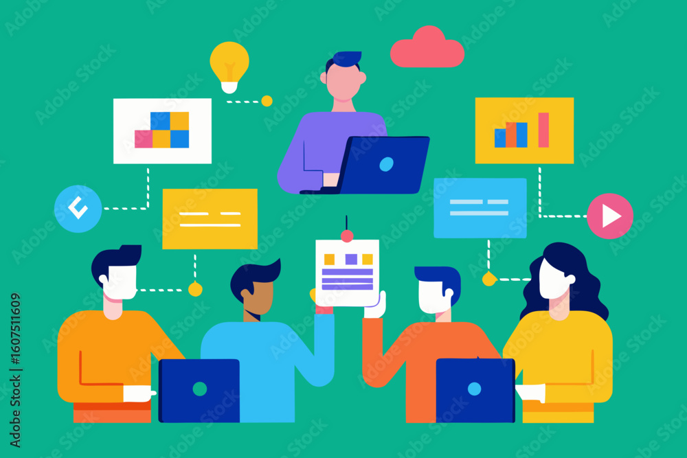 Poster diverse team collaborating on a project with connected digital elements illustration