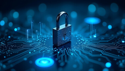 Metallic padlock on glowing circuit board security