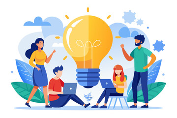 Creative team brainstorming new ideas with laptop and lightbulb illustration