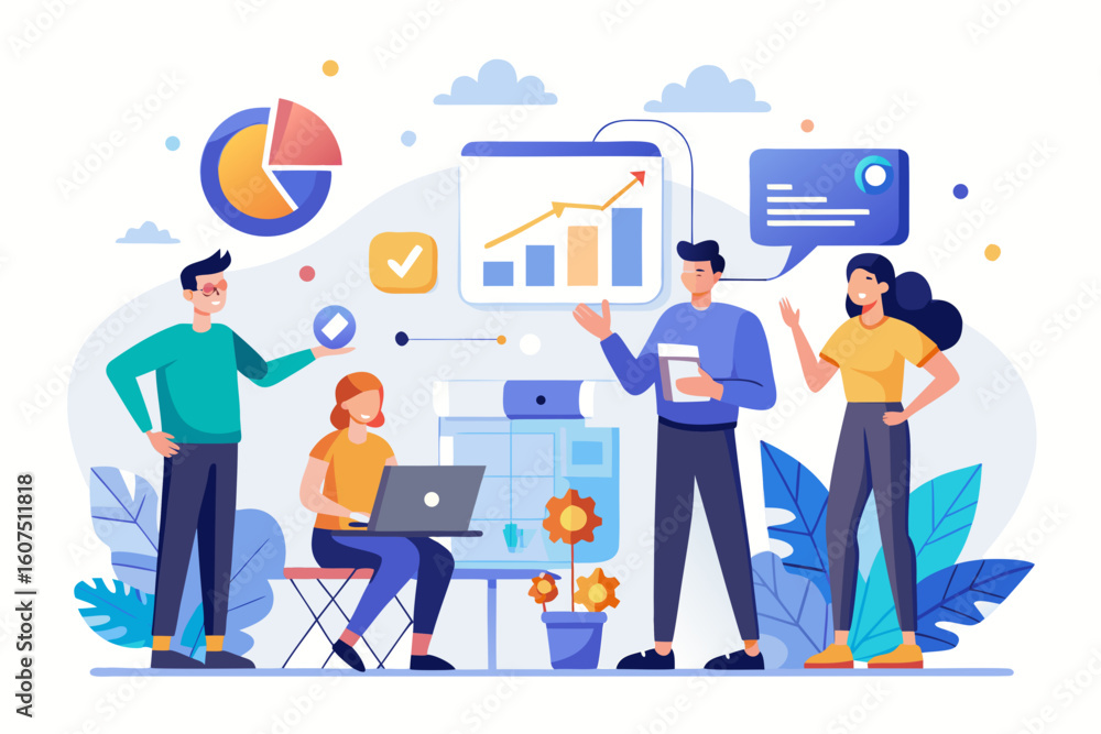 Poster team collaboration analyzing data and growth charts in a modern workspace illustration