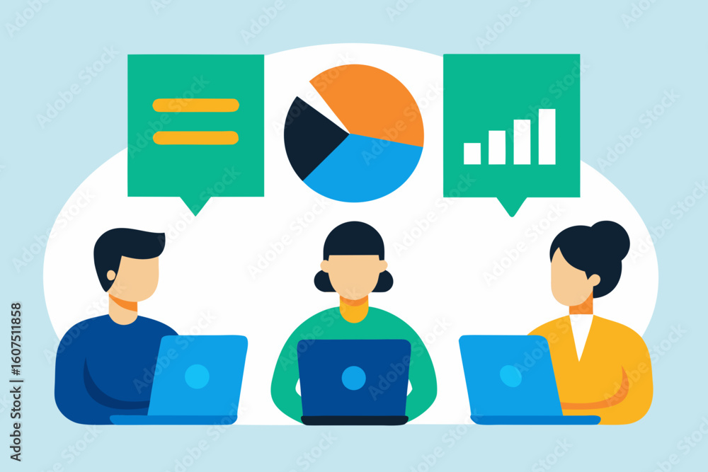 Poster business team analyzing data with laptops and charts in a meeting