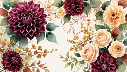 Vibrant Autumnal Floral Background with Rich Burgundy Dahlias and Creamy Yellow Roses

