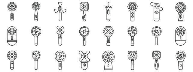 Electric hand fan icons set. Collection of portable fan icons representing various handheld devices designed for personal cooling, offering relief from heat © anatolir