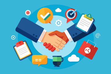 Business partnership handshake with marketing and strategy icons on blue background
